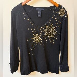 Boston Proper Black Beaded Snowflake Sweater Top Small Holiday Rhinestone